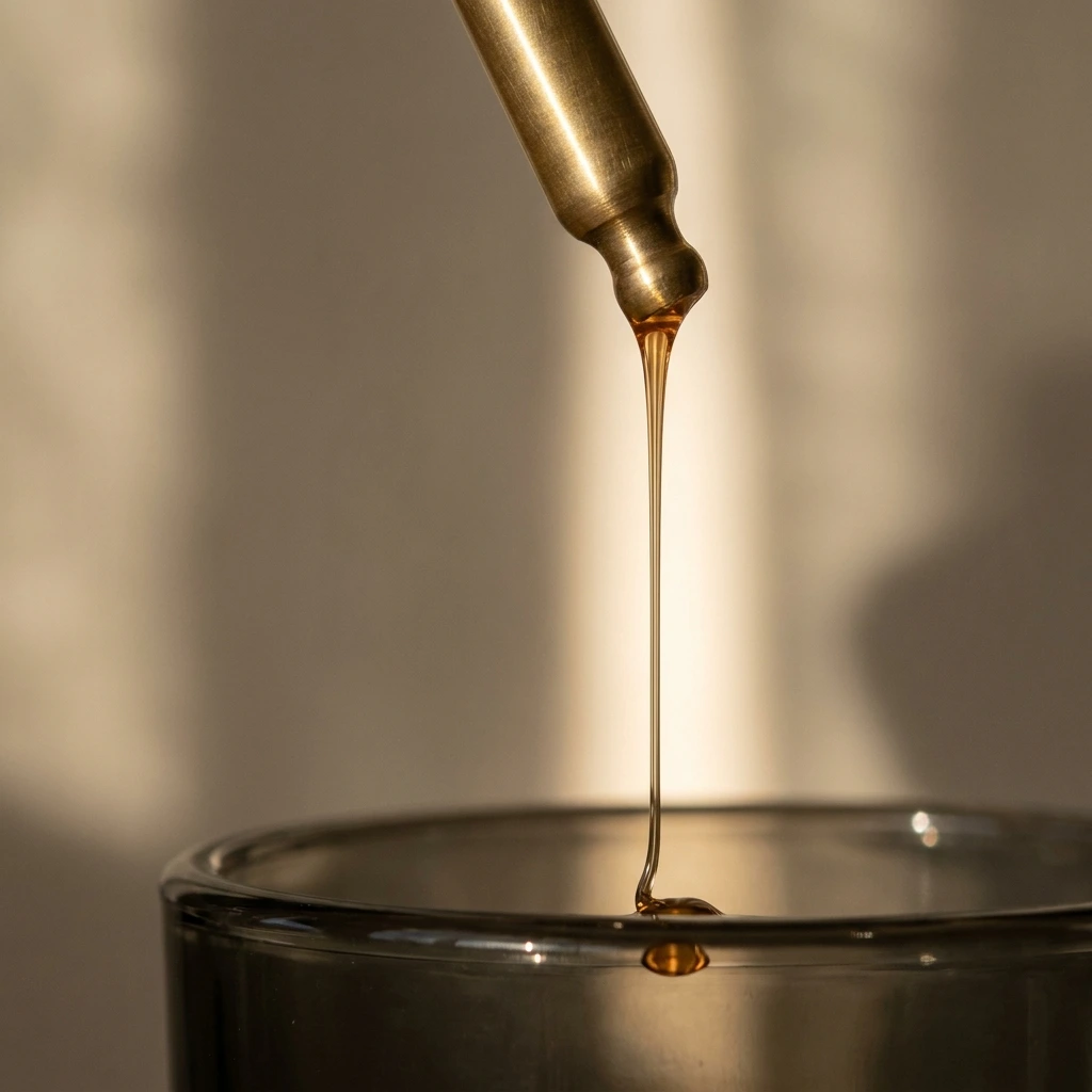 Macro of golden botanical oil viscosity